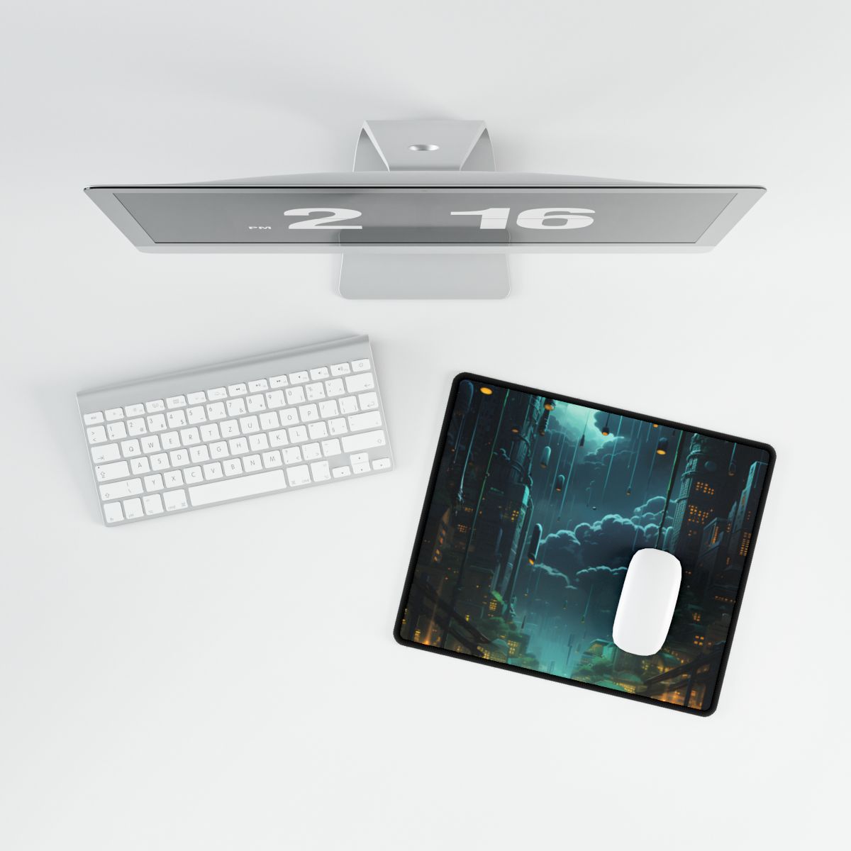 Melancholic Cyberpunk Night: Neon Cityscape Artwork - Desk Mat