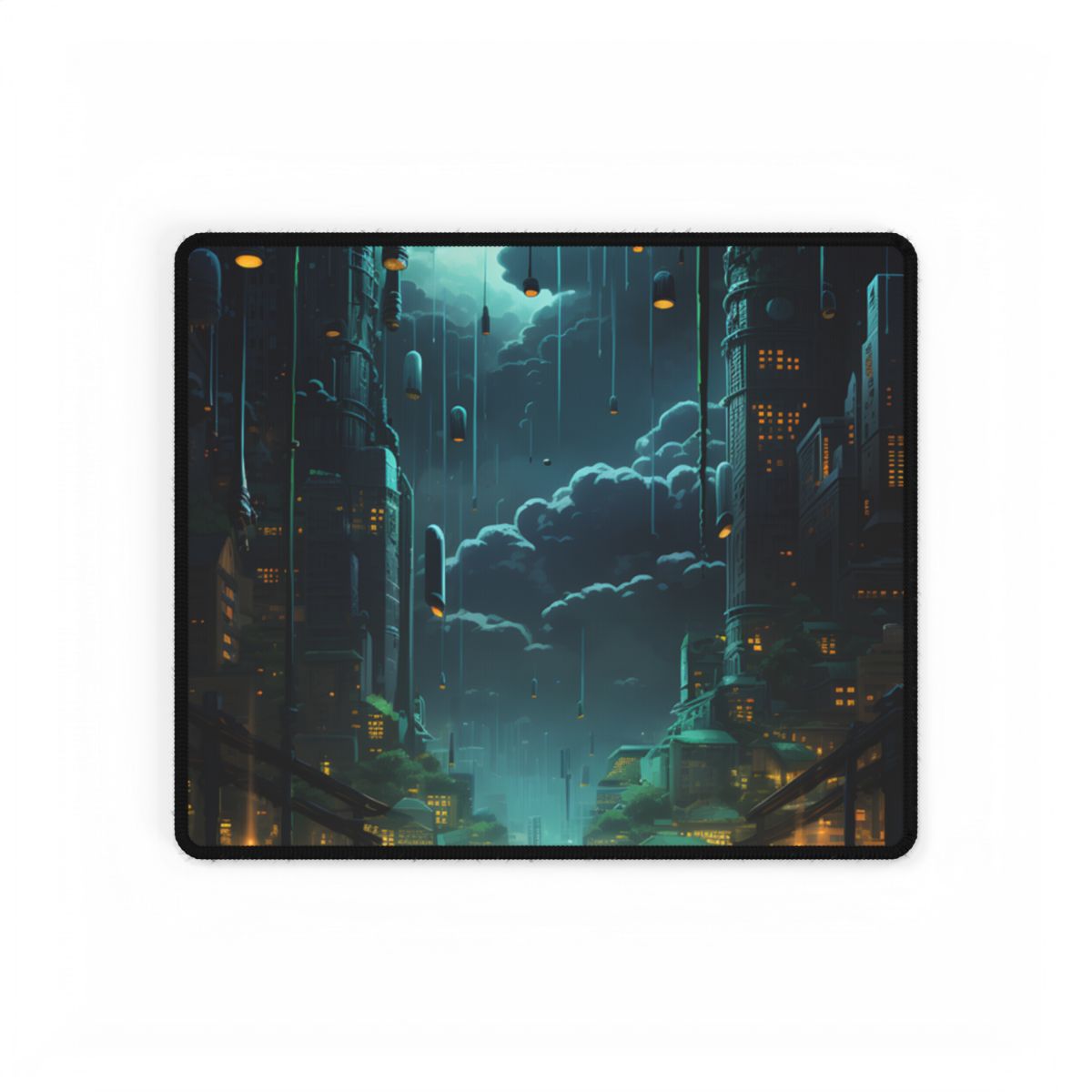Melancholic Cyberpunk Night: Neon Cityscape Artwork - Desk Mat