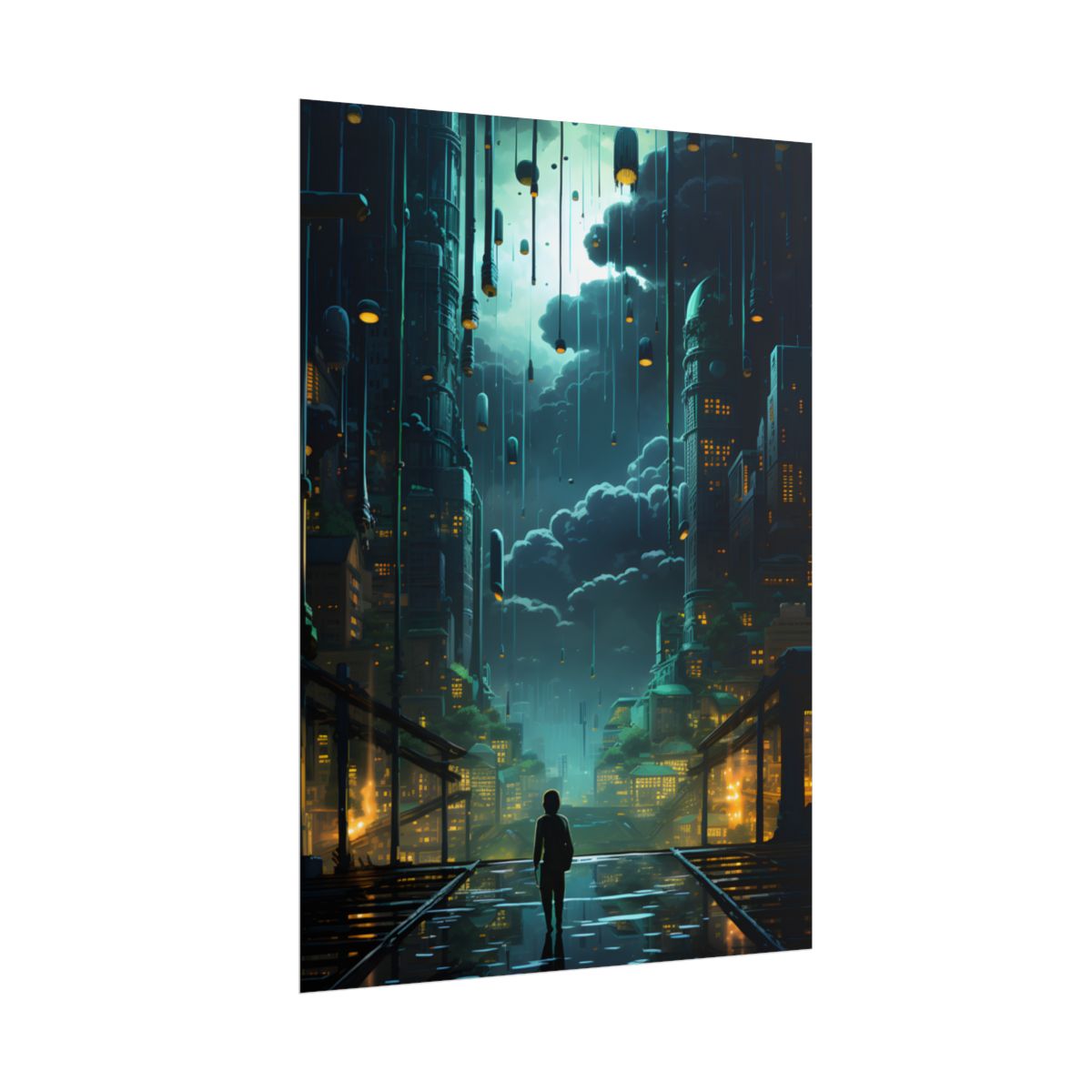 Melancholic Cyberpunk Night: Neon Cityscape Artwork - Poster