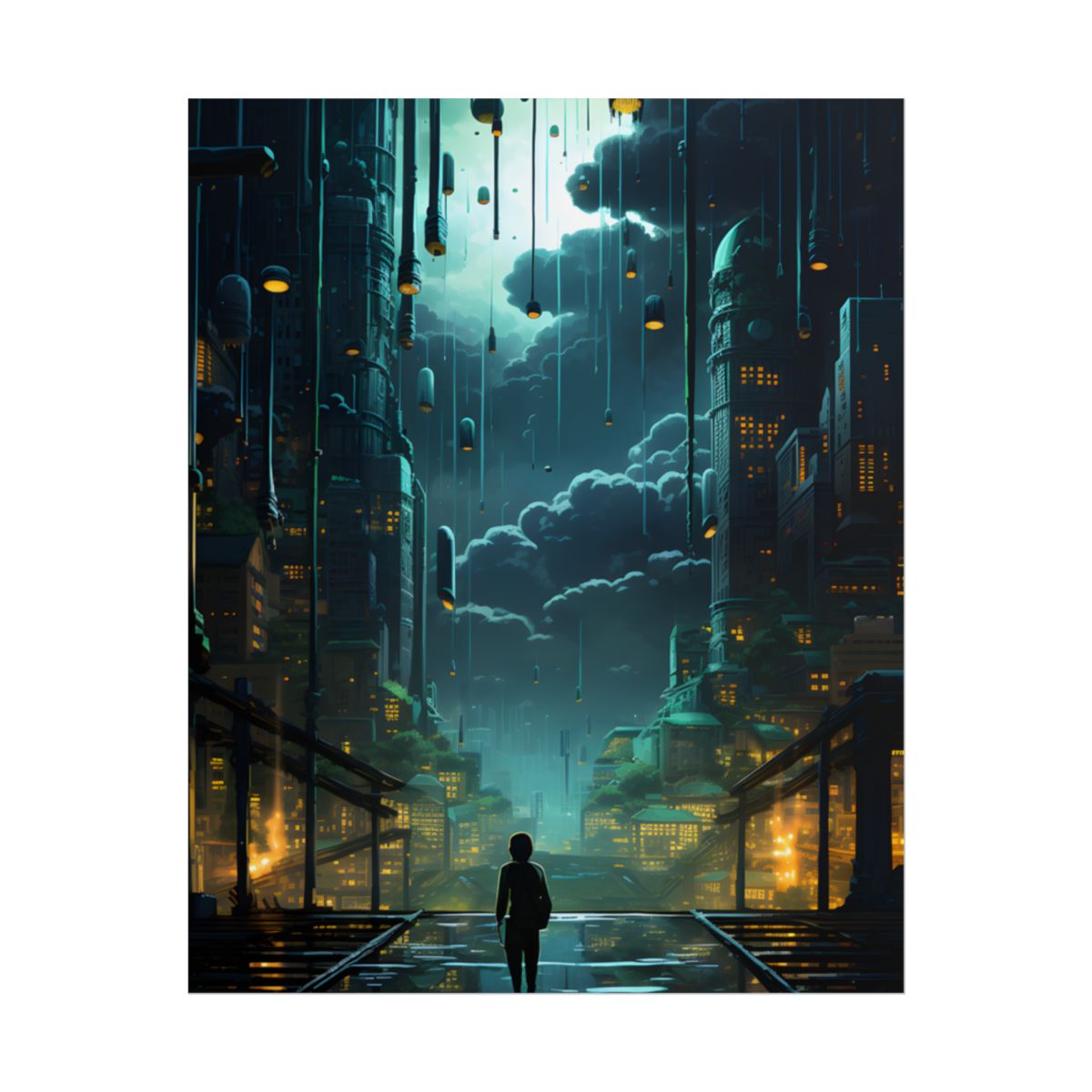 Melancholic Cyberpunk Night: Neon Cityscape Artwork - Poster