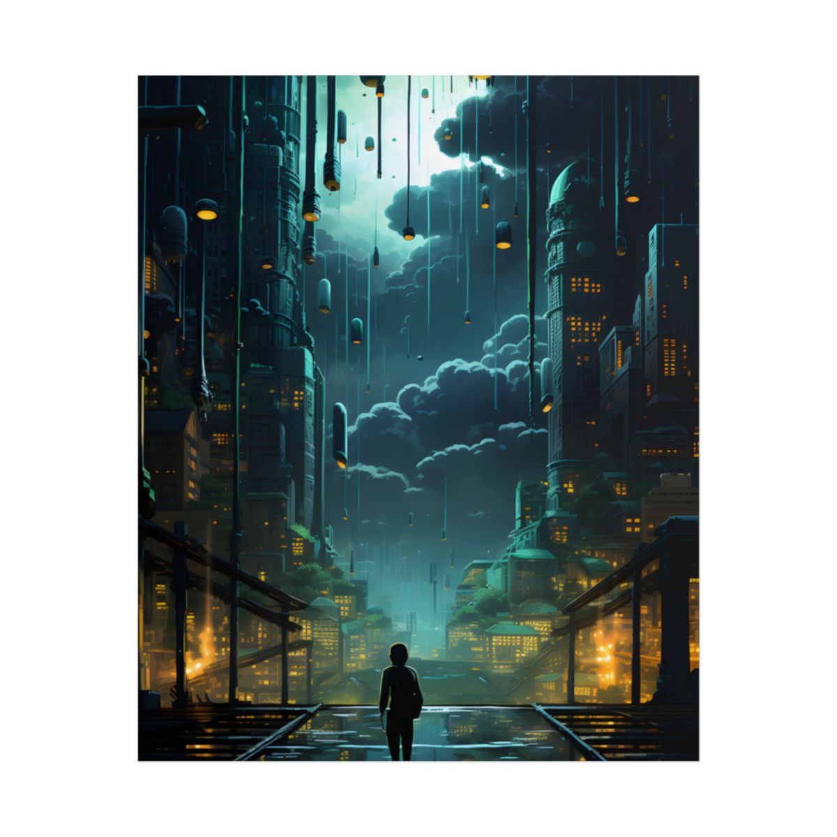 Melancholic Cyberpunk Night: Neon Cityscape Artwork - Poster
