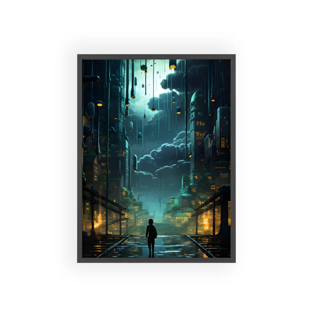 Melancholic Cyberpunk Night: Neon Cityscape - Framed Poster