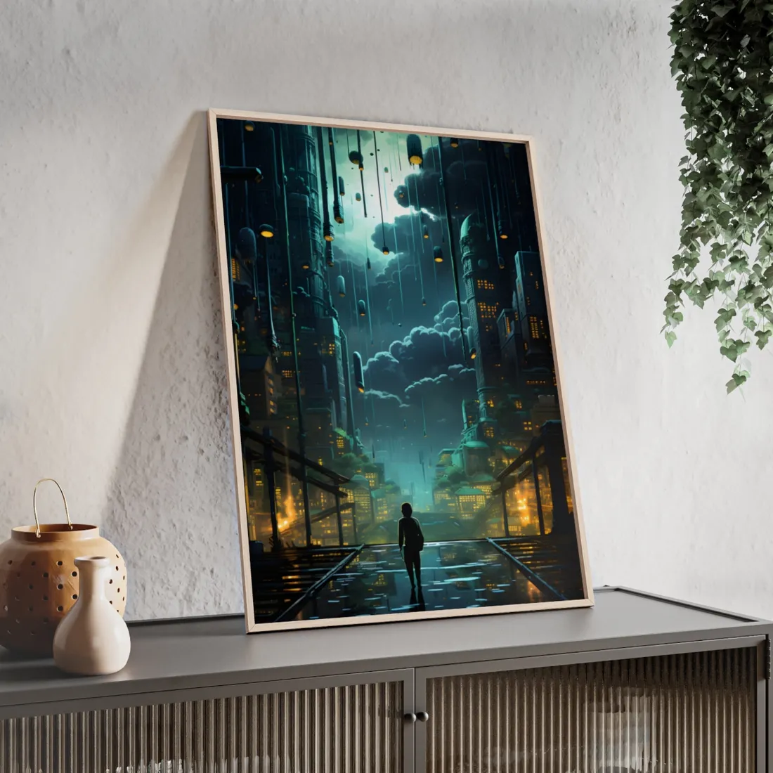 Melancholic Cyberpunk Night: Neon Cityscape - Framed Poster