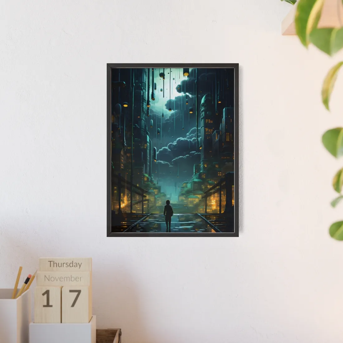 Melancholic Cyberpunk Night: Neon Cityscape - Framed Poster