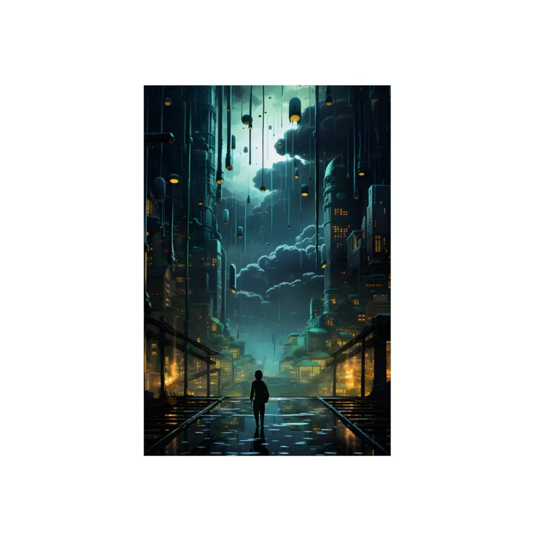Melancholic Cyberpunk Night: Neon Cityscape - Metal Poster