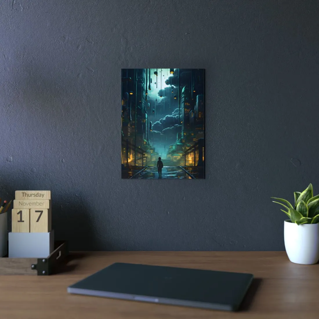 Melancholic Cyberpunk Night: Neon Cityscape - Metal Poster