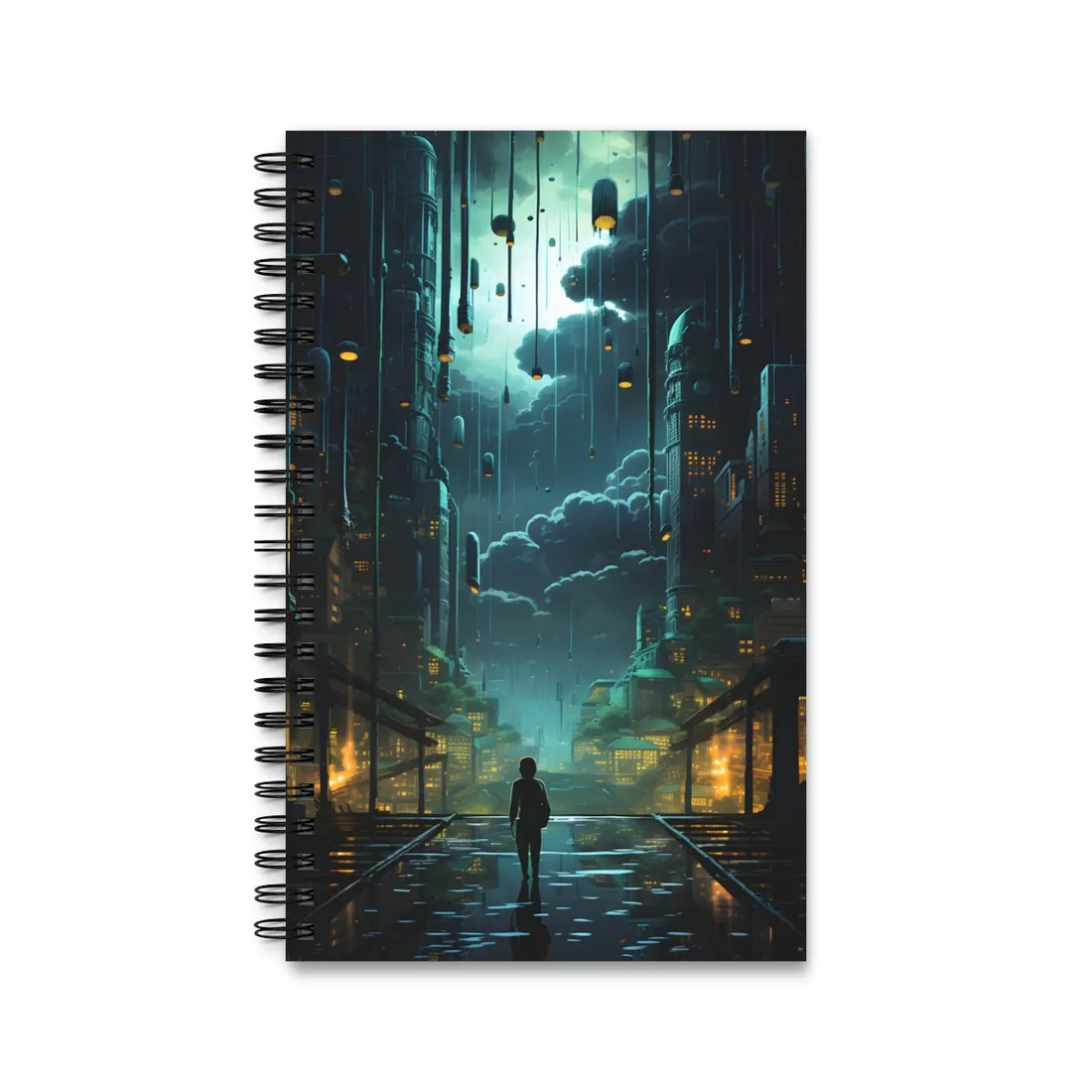 Melancholic Cyberpunk Night: Neon Cityscape - Spiral Notebook