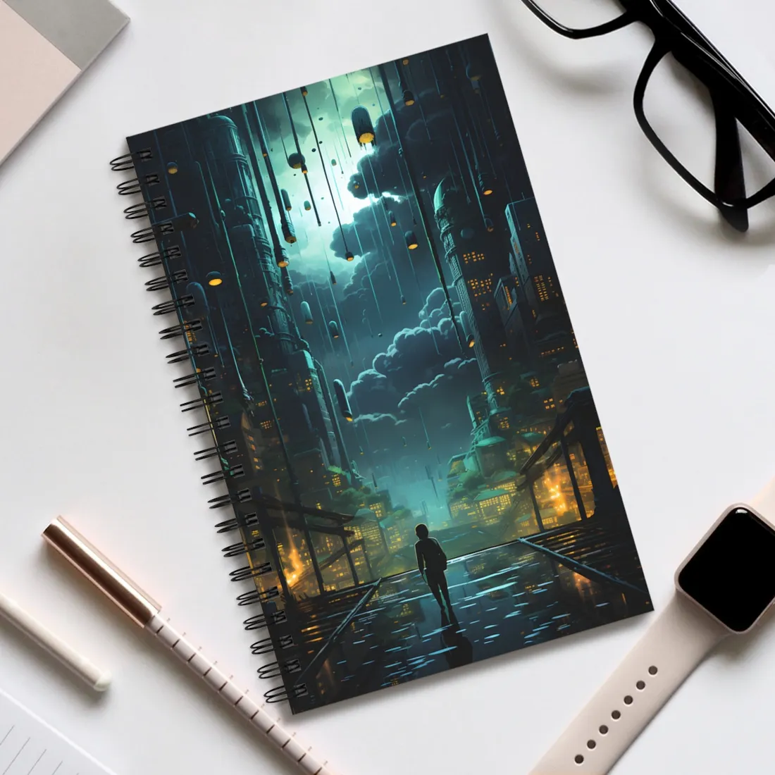 Melancholic Cyberpunk Night: Neon Cityscape - Spiral Notebook