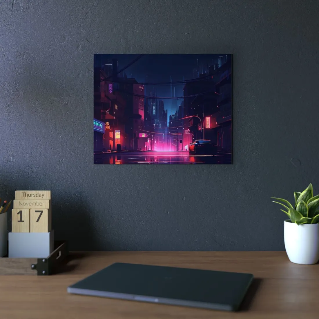 Melancholic Night: A Cyberpunk Urban Landscape - Metal Poster