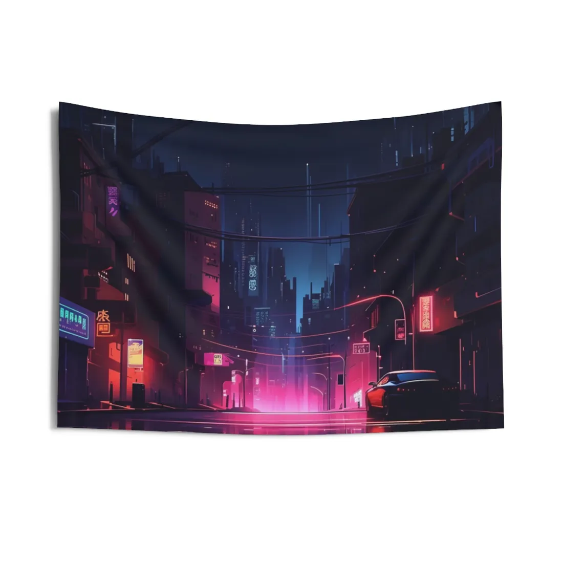 Melancholic Night: A Cyberpunk Urban Landscape - Wall Tapestry