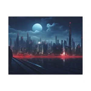Melancholic Night: A Solo Figure in Cyberpunk Cityscape Canvas Print