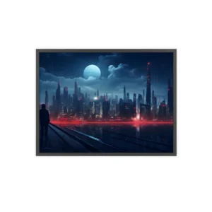 Melancholic Night: A Solo Figure in Cyberpunk Cityscape Framed Poster