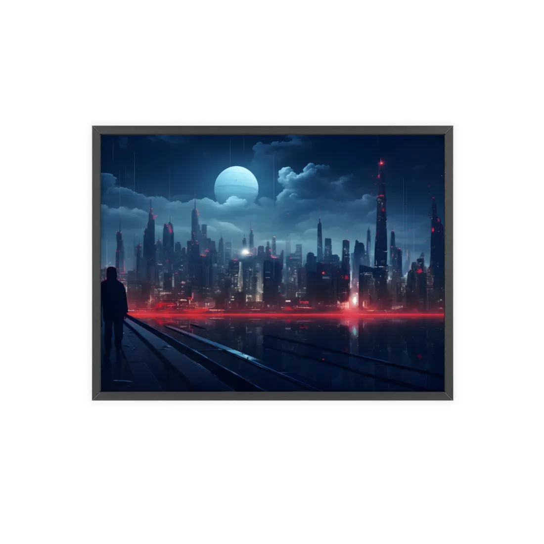 Melancholic Night: A Solo Figure in Cyberpunk Cityscape - Framed Poster