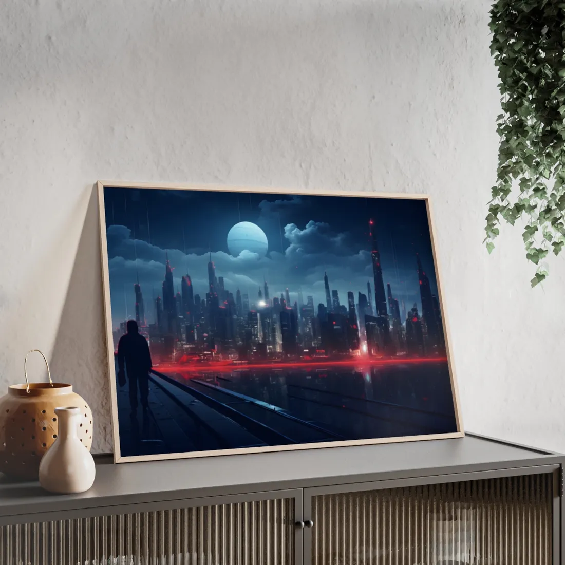 Melancholic Night: A Solo Figure in Cyberpunk Cityscape - Framed Poster