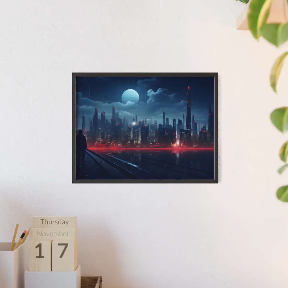Melancholic Night: A Solo Figure in Cyberpunk Cityscape - Framed Poster