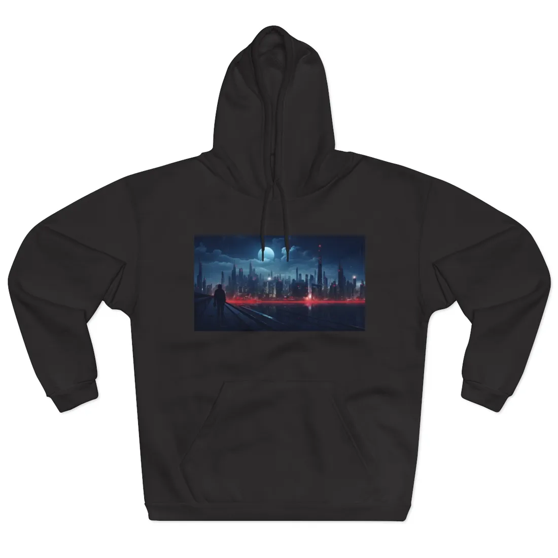 Melancholic Night: A Solo Figure in Cyberpunk Cityscape - Hoodie