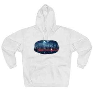 Melancholic Night: A Solo Figure in Cyberpunk Cityscape Hoodie