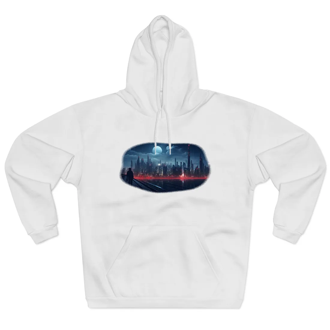 Melancholic Night: A Solo Figure in Cyberpunk Cityscape Hoodie - Hoodie (White)