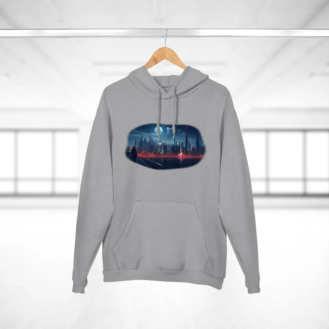 A hooded figure walks across a bridge toward a glowing futuristic city skyline beneath a large moon – Hoodie, heather grey