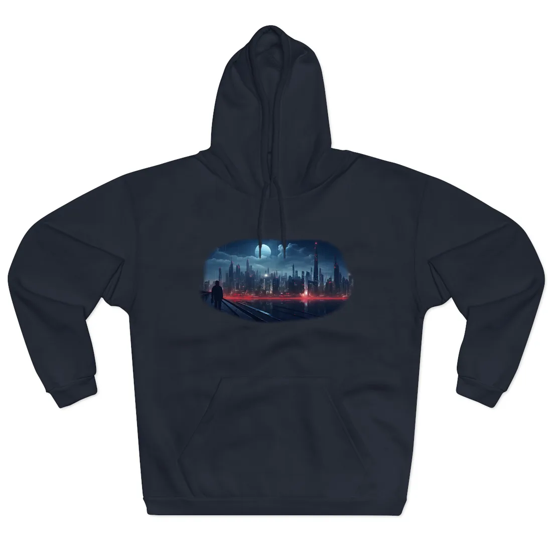 A hooded figure walks across a bridge toward a glowing futuristic city skyline beneath a large moon – Hoodie, navy