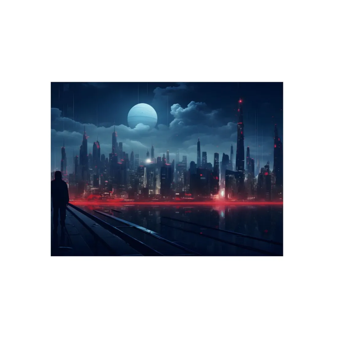 Melancholic Night: A Solo Figure in Cyberpunk Cityscape - Metal Poster