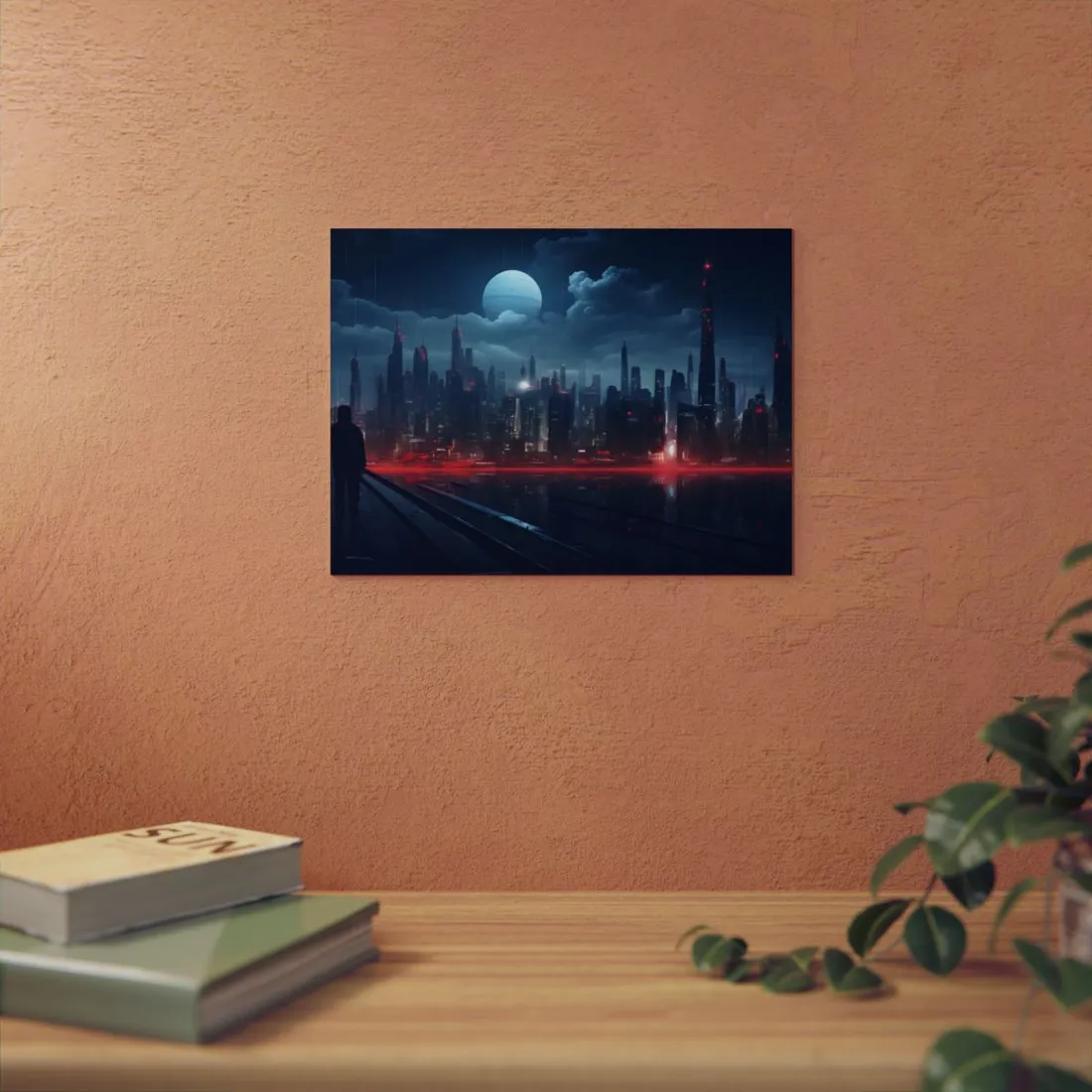 Melancholic Night: A Solo Figure in Cyberpunk Cityscape - Metal Poster