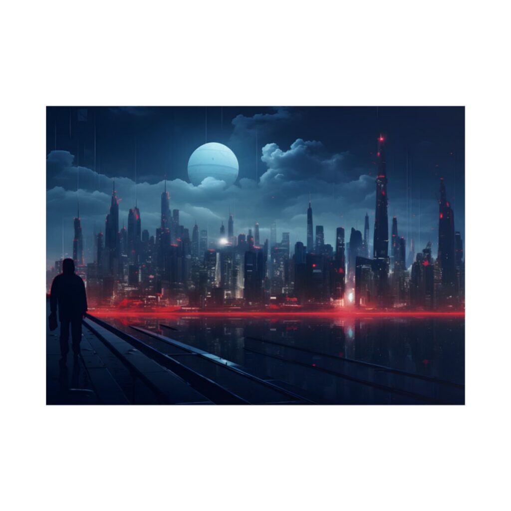 Melancholic Night: A Solo Figure in Cyberpunk Cityscape - Poster