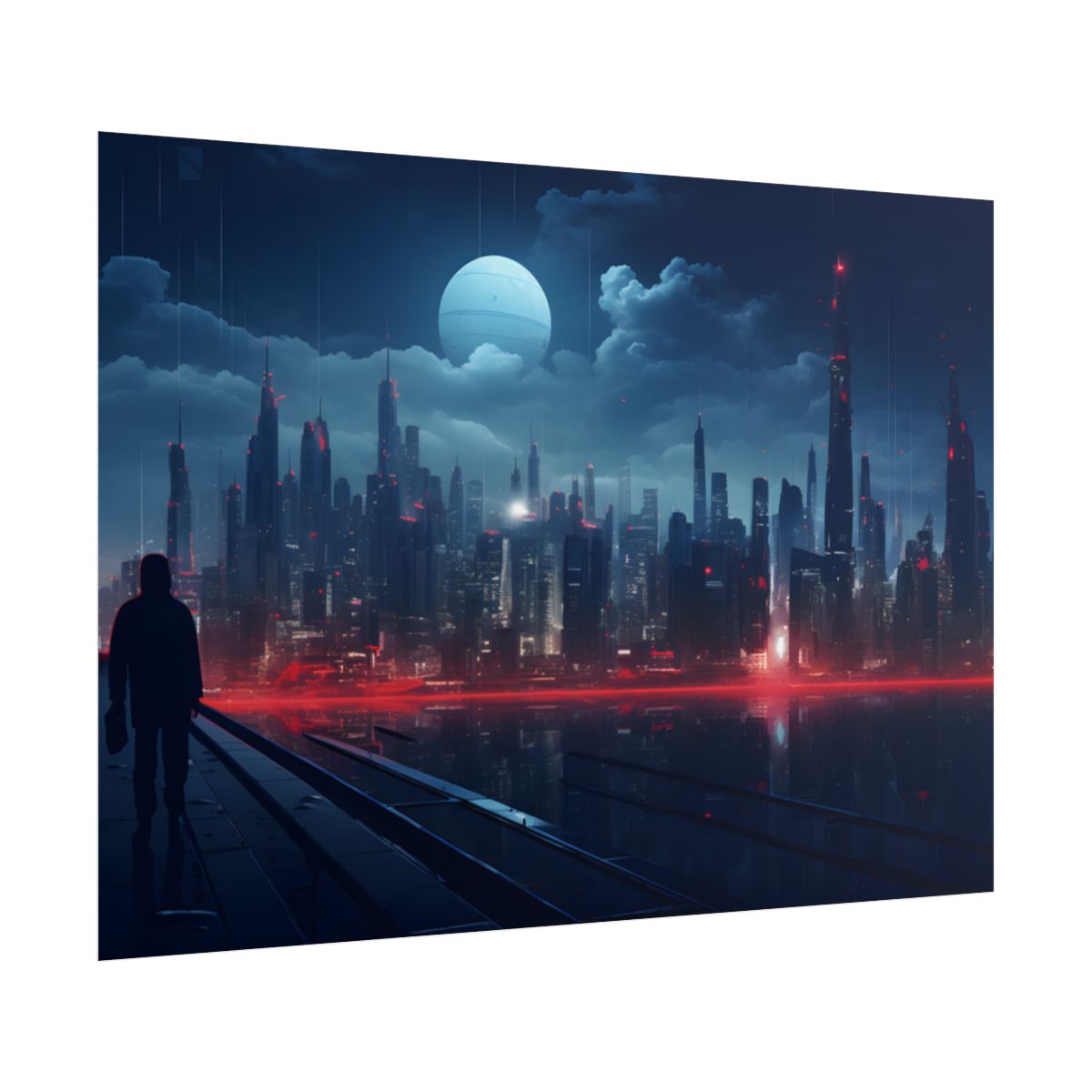 Melancholic Night: A Solo Figure in Cyberpunk Cityscape - Poster