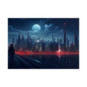 Figure Walking Toward City Skyline Poster