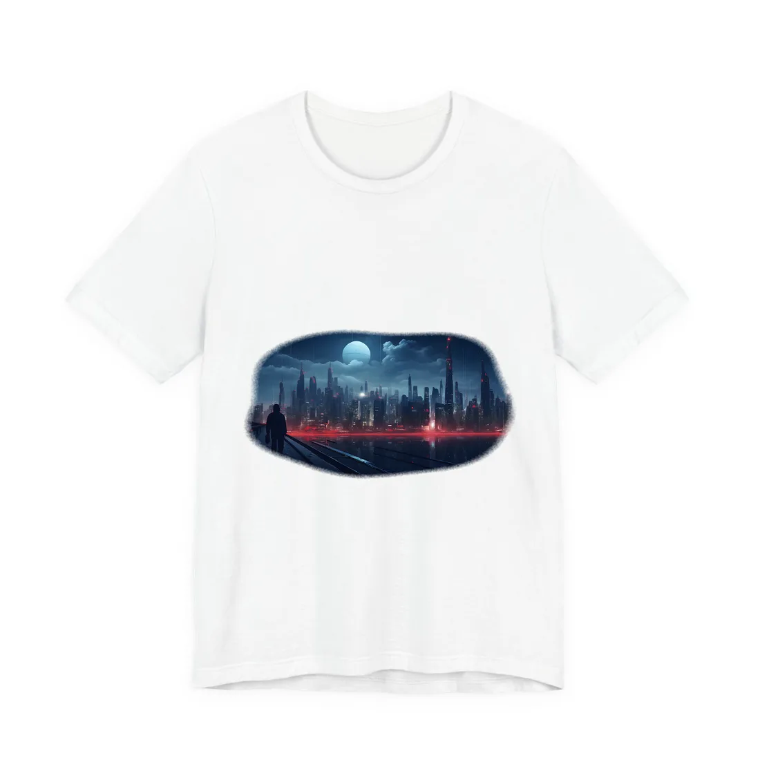 Melancholic Night: A Solo Figure in Cyberpunk Cityscape T-Shirt - T-Shirt (White)