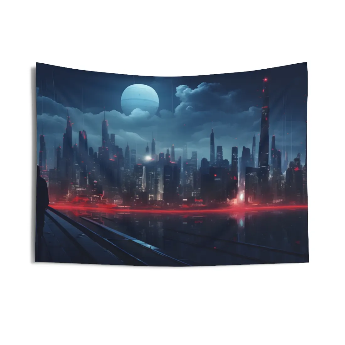 Melancholic Night: A Solo Figure in Cyberpunk Cityscape - Wall Tapestry