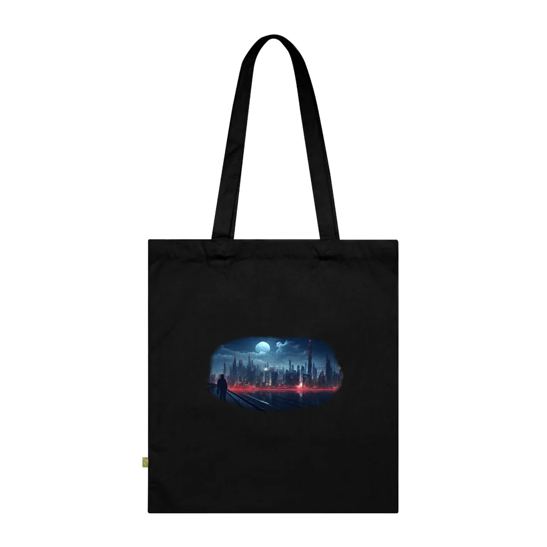 A hooded figure walks across a bridge toward a glowing futuristic city skyline beneath a large moon – Tote Bag, black