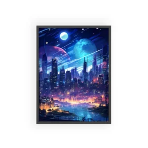Futuristic City Night Skyline Framed Poster