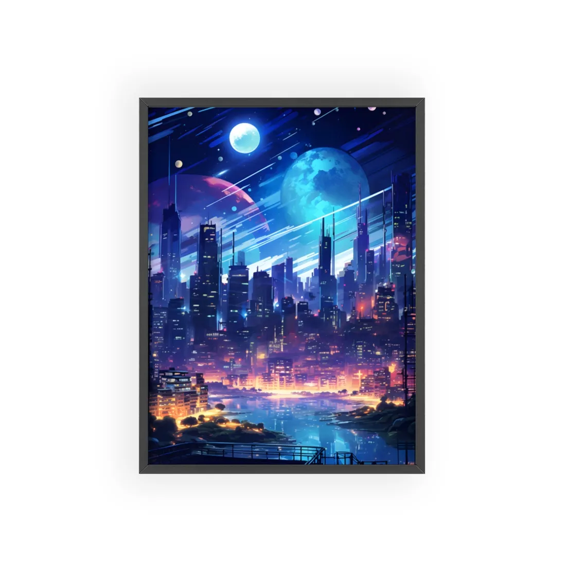 Melancholic Night: Cyberpunk Cityscape - Framed Poster