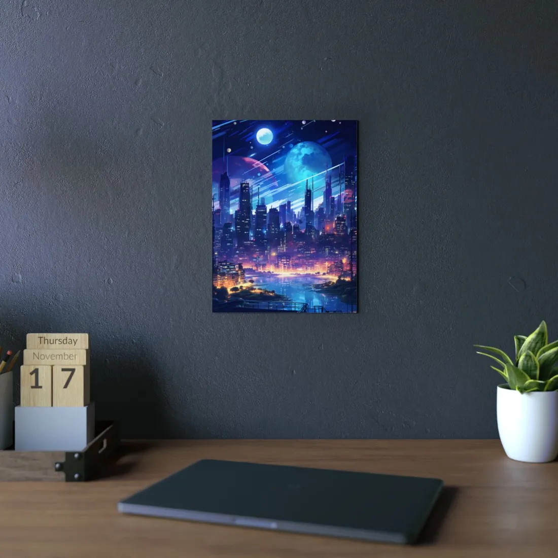Melancholic Night: Cyberpunk Cityscape - Metal Poster