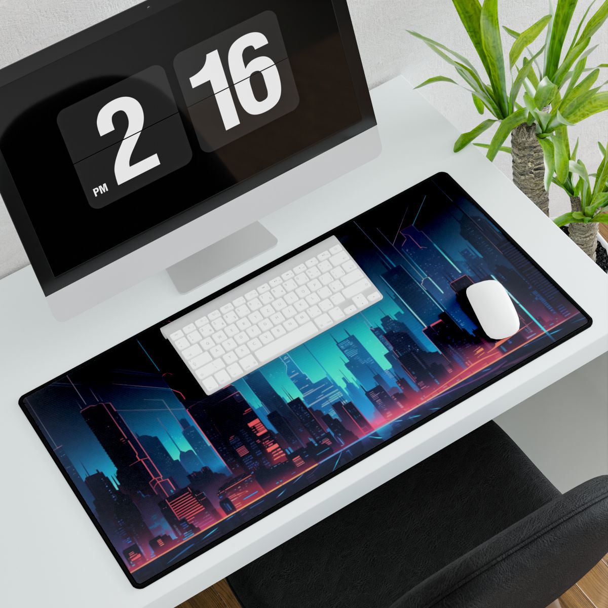 Melancholic Night Cyberpunk Cityscape: Neon Dreams Digital Art - Desk Mat