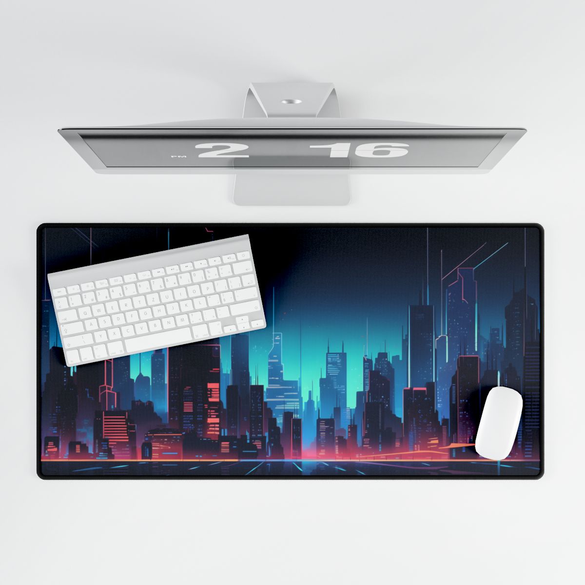 Melancholic Night Cyberpunk Cityscape: Neon Dreams Digital Art - Desk Mat