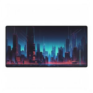 Neon City Skyline at Night Desk Mat