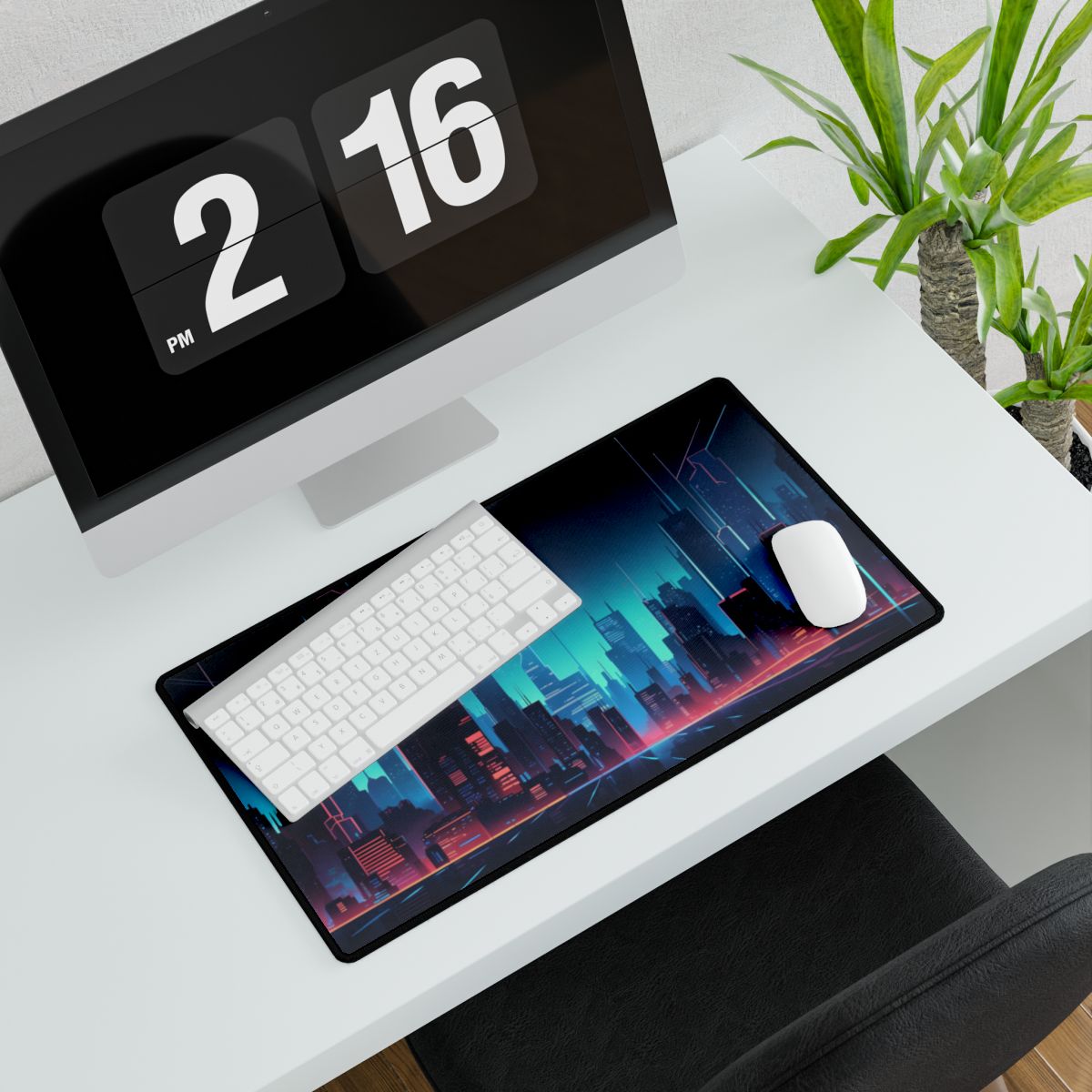 Melancholic Night Cyberpunk Cityscape: Neon Dreams Digital Art - Desk Mat