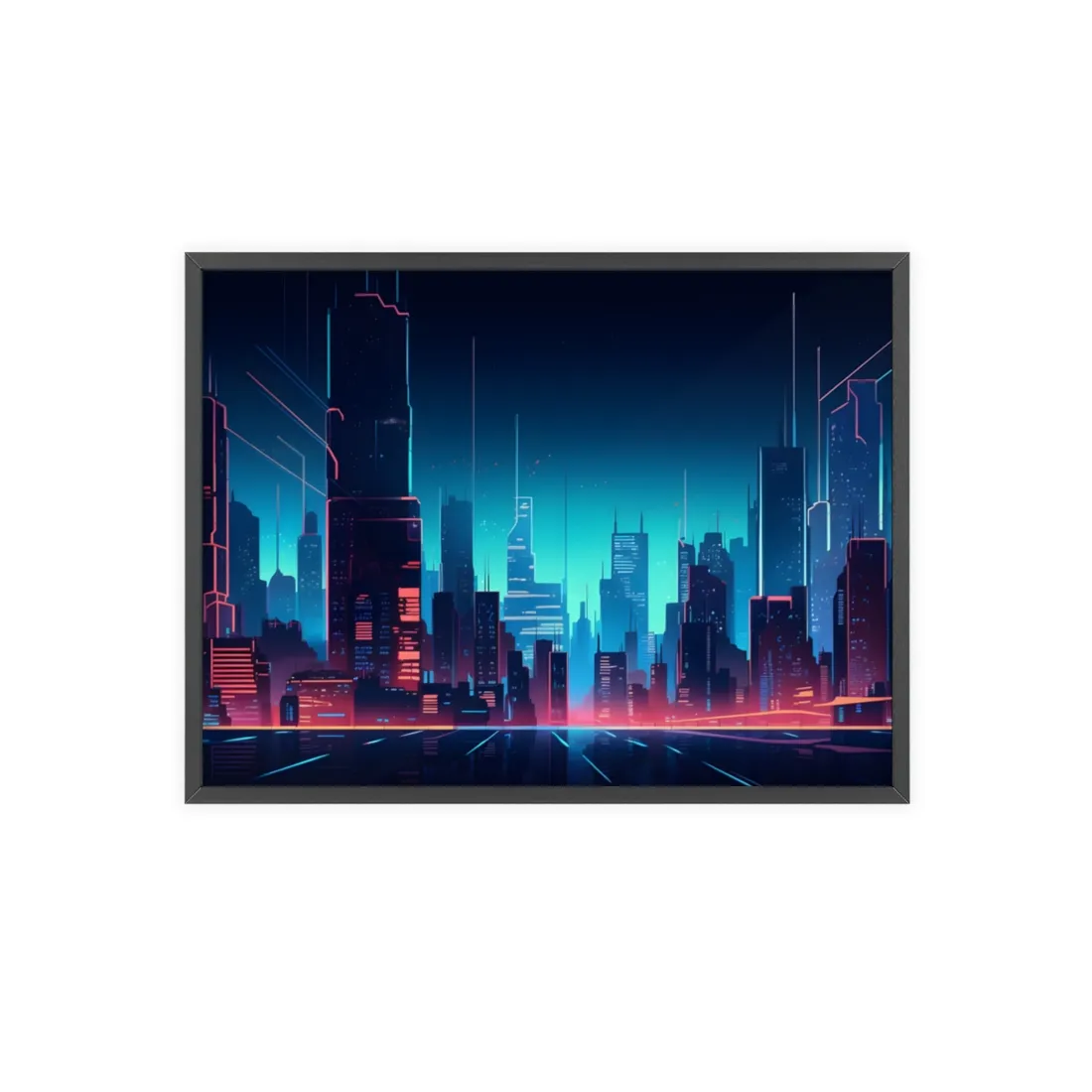 Melancholic Night Cyberpunk Cityscape: Neon Dreams Digital Art - Framed Poster