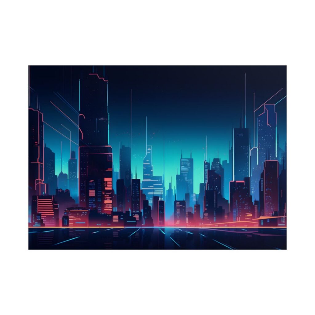 Melancholic Night Cyberpunk Cityscape: Neon Dreams Digital Art - Poster