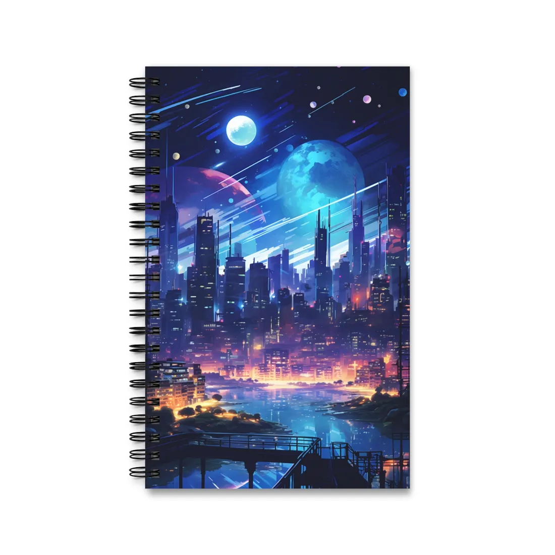 Melancholic Night: Cyberpunk Cityscape - Spiral Notebook