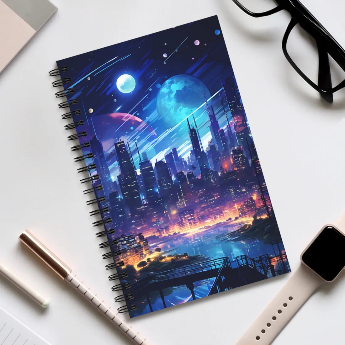 Melancholic Night: Cyberpunk Cityscape - Spiral Notebook