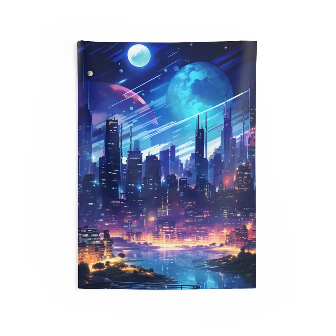 Melancholic Night: Cyberpunk Cityscape - Wall Tapestry