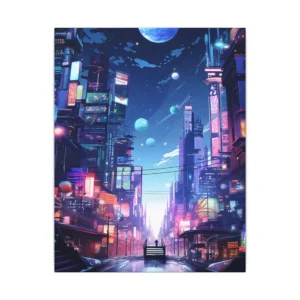 Neon City Street Reflections Canvas Print