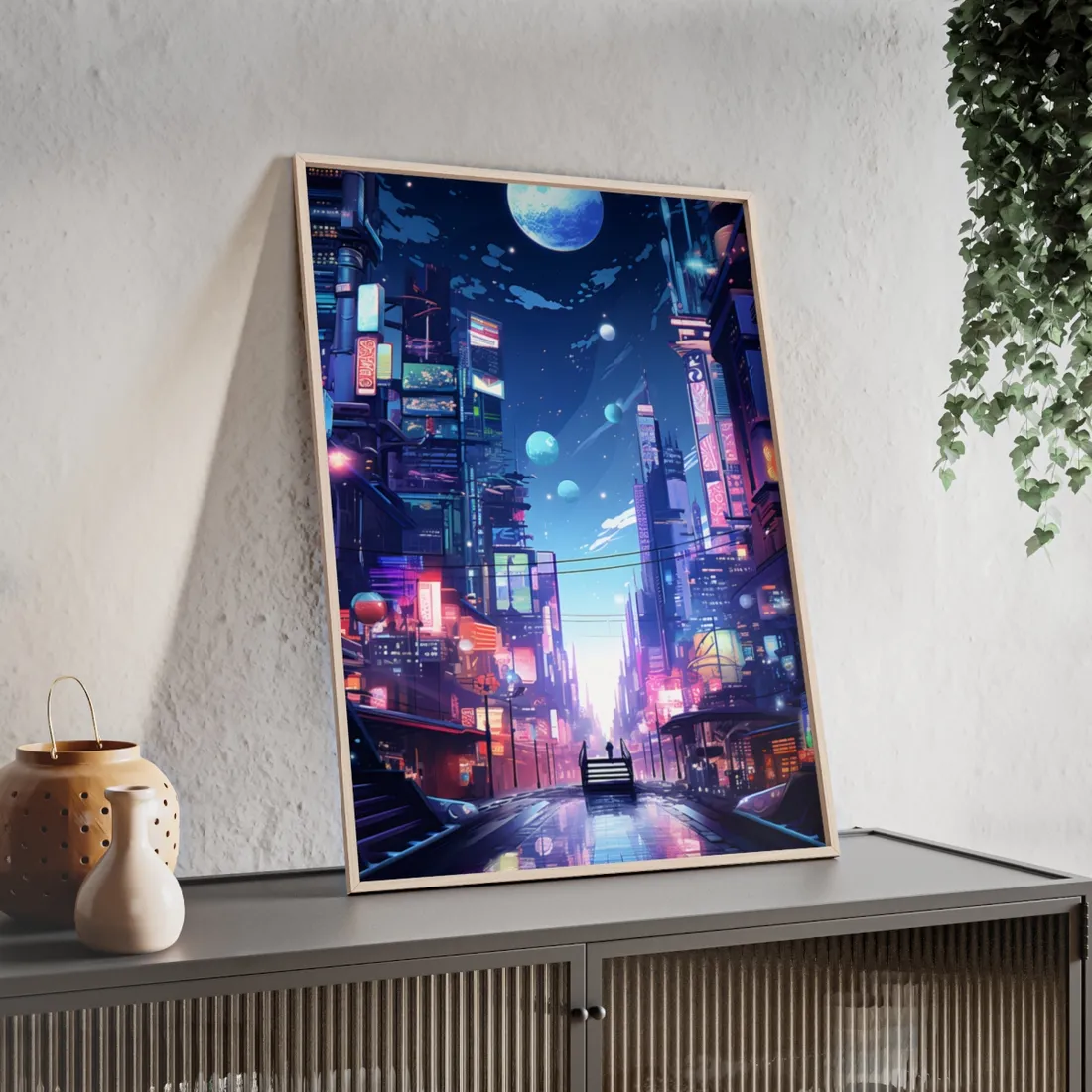 Melancholic Night in Cyberpunk City: Urban Landscape Art - Framed Poster