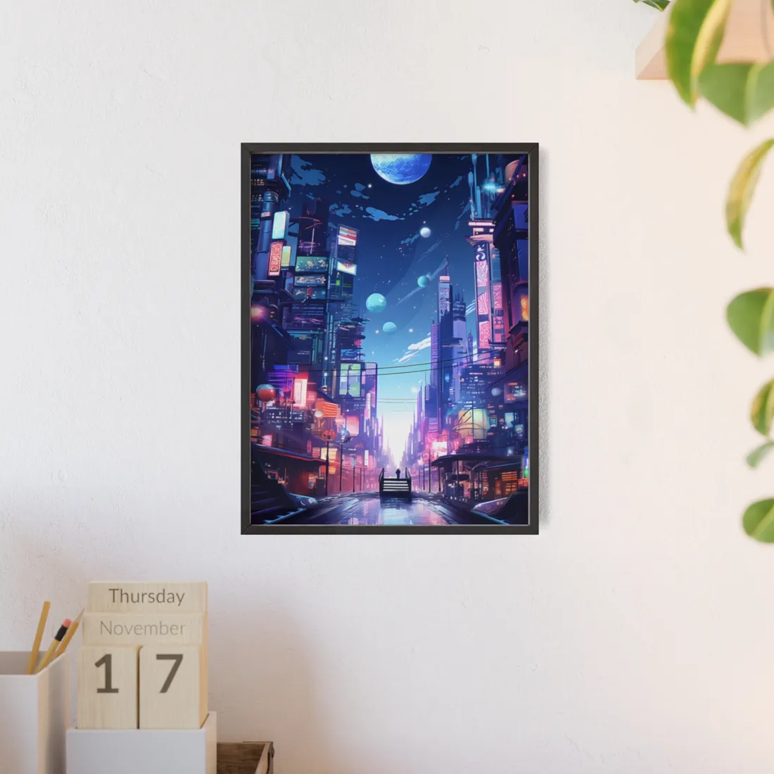 Melancholic Night in Cyberpunk City: Urban Landscape Art - Framed Poster