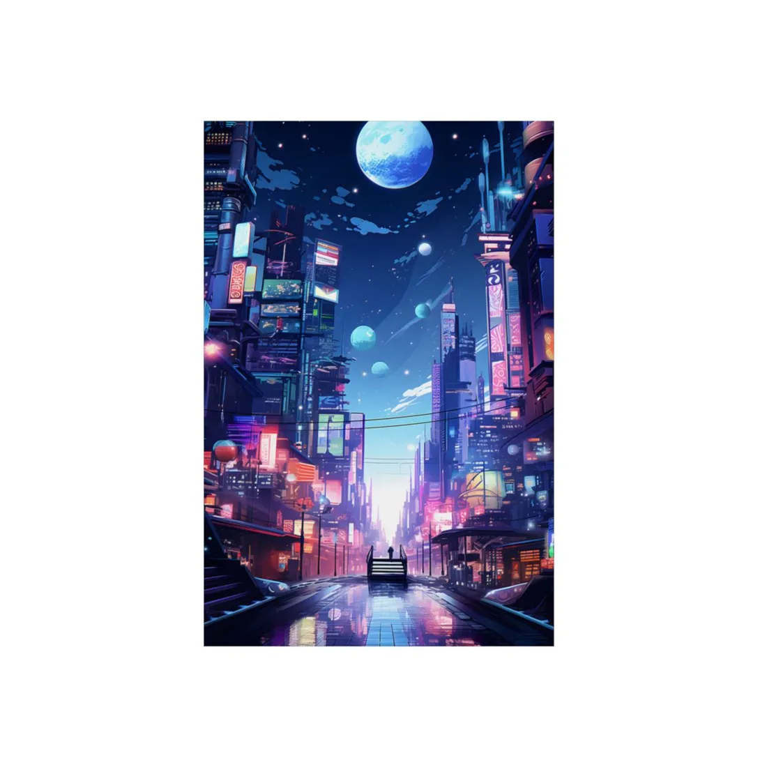 Melancholic Night in Cyberpunk City: Urban Landscape Art - Metal Poster