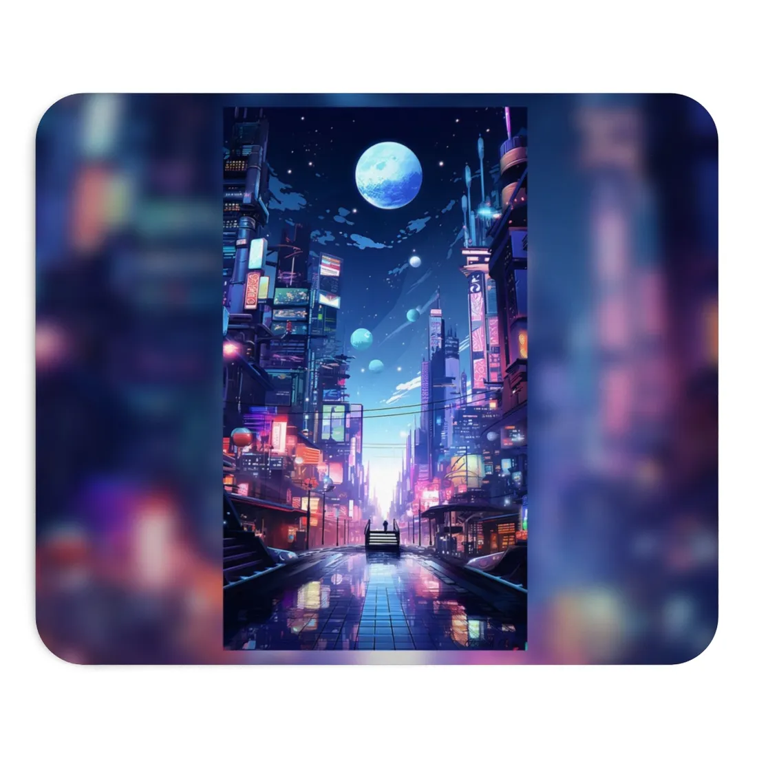 Melancholic Night in Cyberpunk City: Urban Landscape Art - Mouse Pad