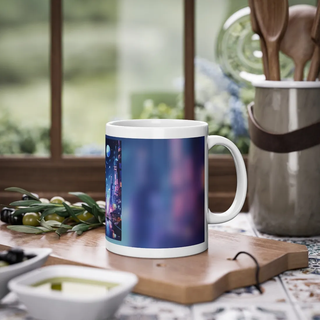 Melancholic Night in Cyberpunk City: Urban Landscape Art - Mug